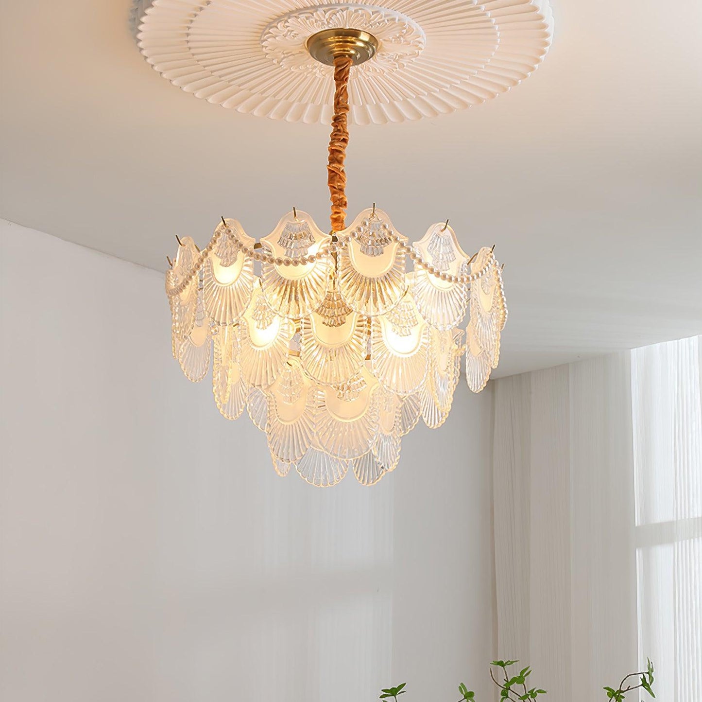 Elegant Pearl Glass Shell Chandelier with Adjustable Height & LED Comp