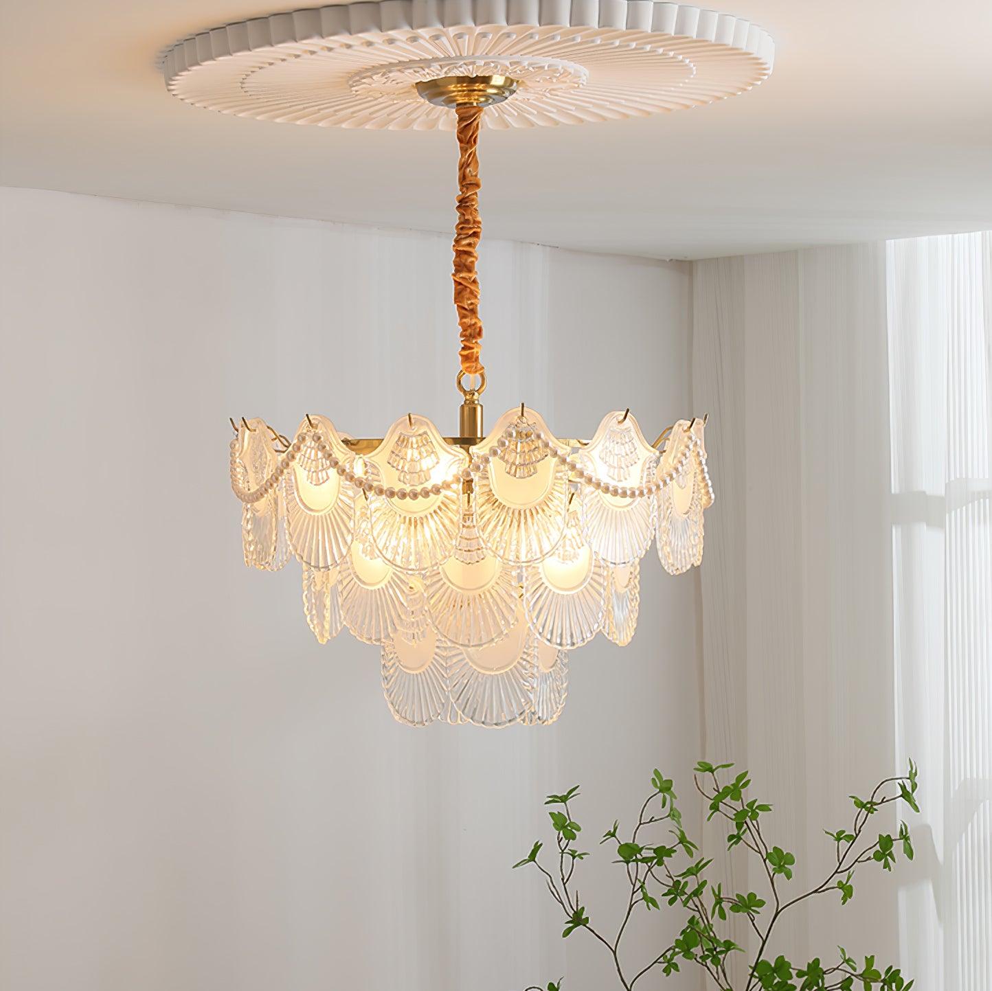 Elegant Pearl Glass Shell Chandelier with Adjustable Height & LED Comp