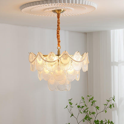 Elegant Pearl Glass Shell Chandelier with Adjustable Height & LED Comp