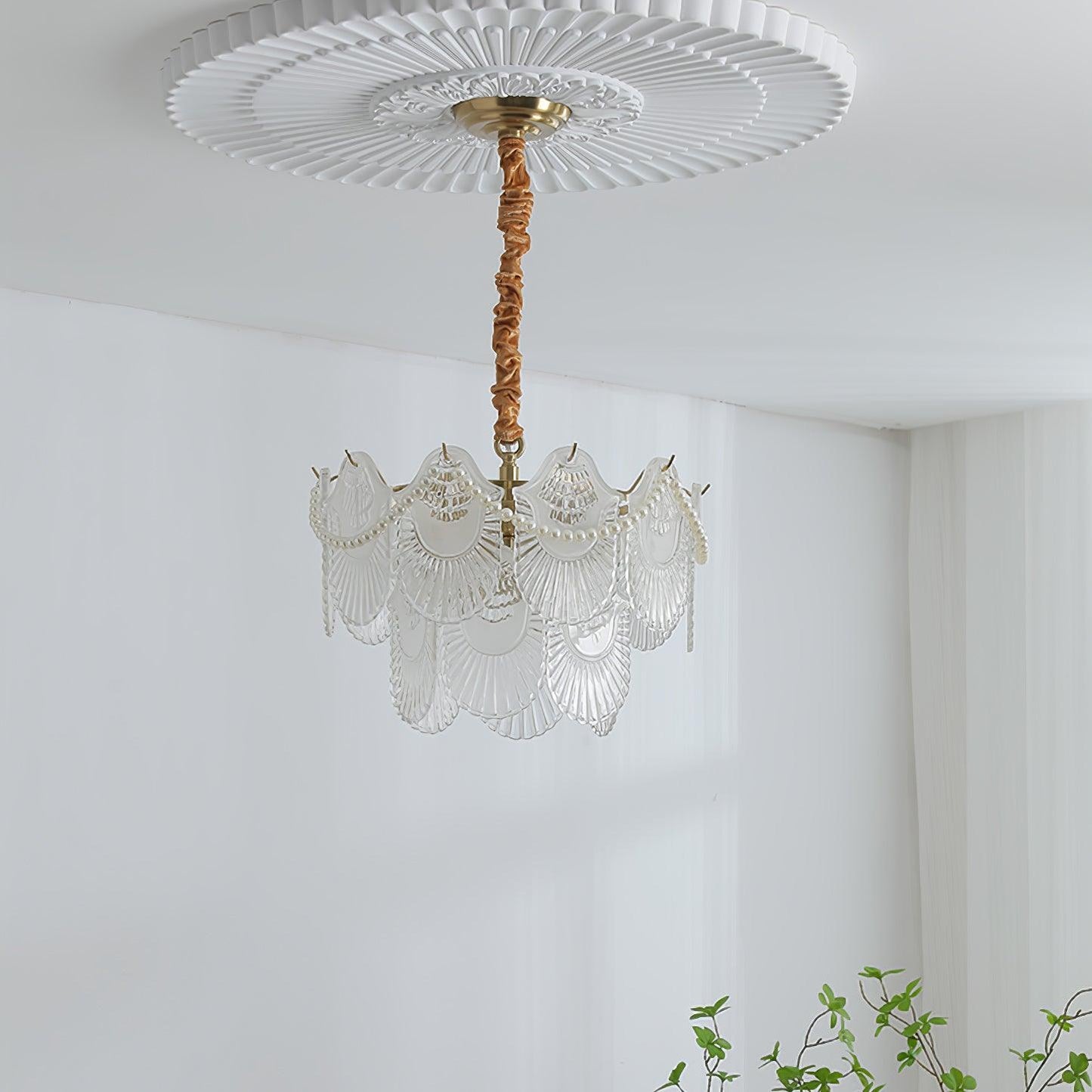 Elegant Pearl Glass Shell Chandelier with Adjustable Height & LED Comp