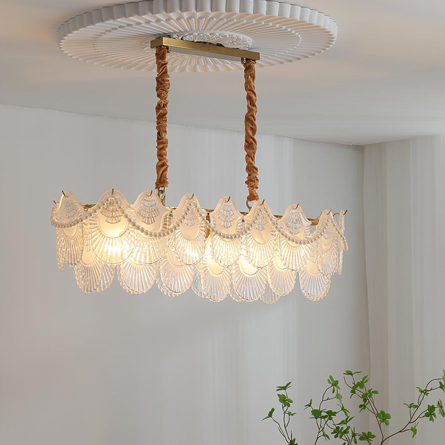 Elegant Pearl Glass Shell Chandelier with Adjustable Height & LED Comp