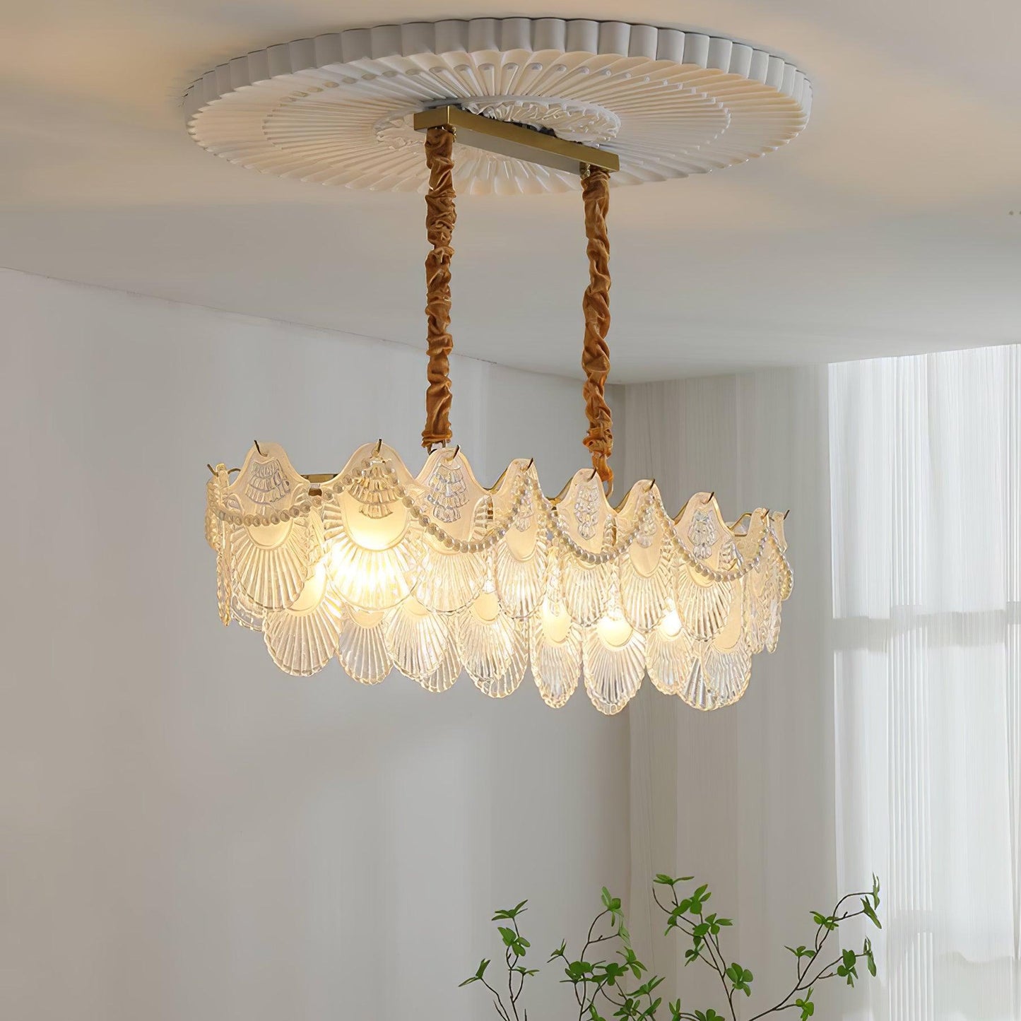 Elegant Pearl Glass Shell Chandelier with Adjustable Height & LED Comp