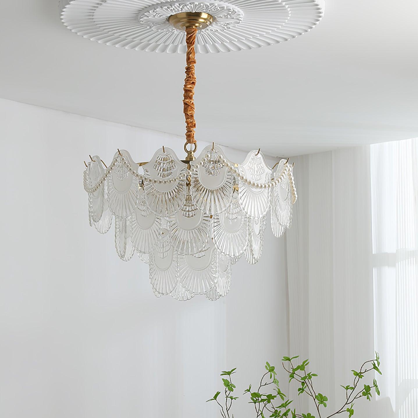 Elegant Pearl Glass Shell Chandelier with Adjustable Height & LED Comp