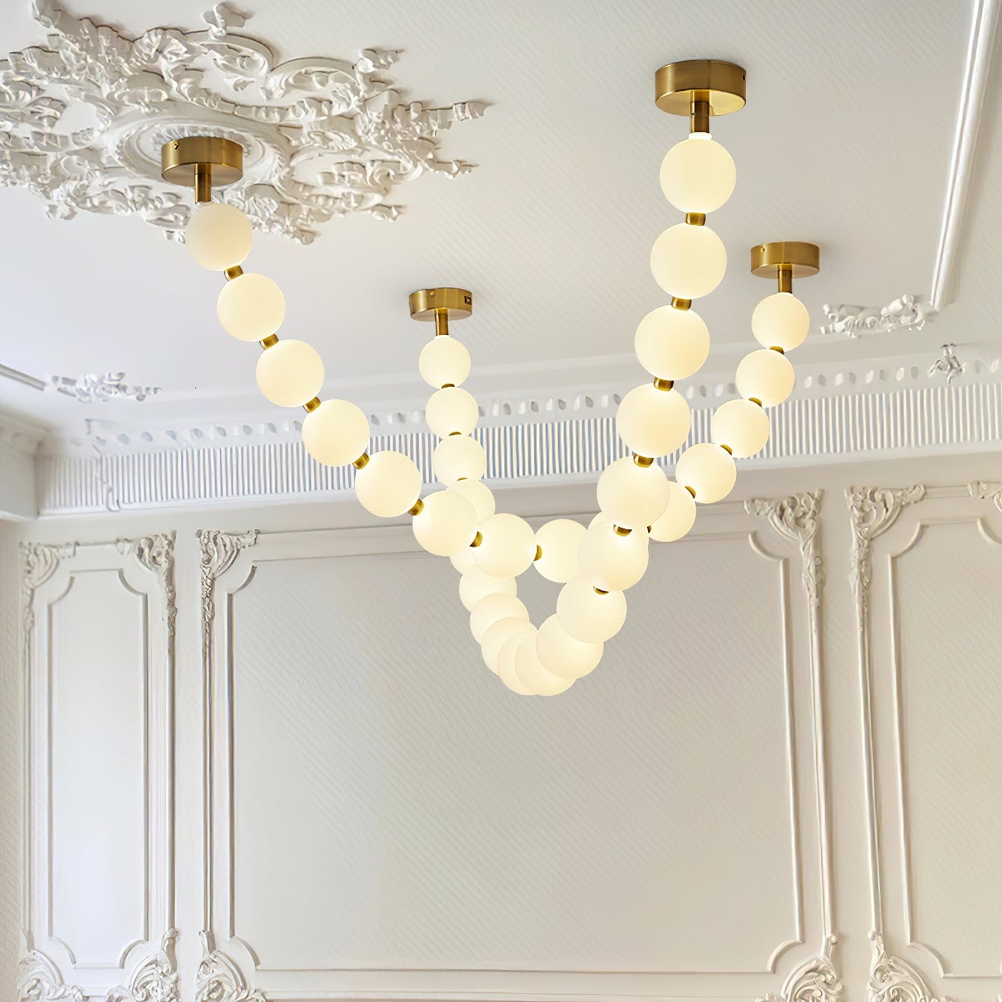 Elegant Pearl Glass Chandelier with Adjustable Height & Soft Lighting