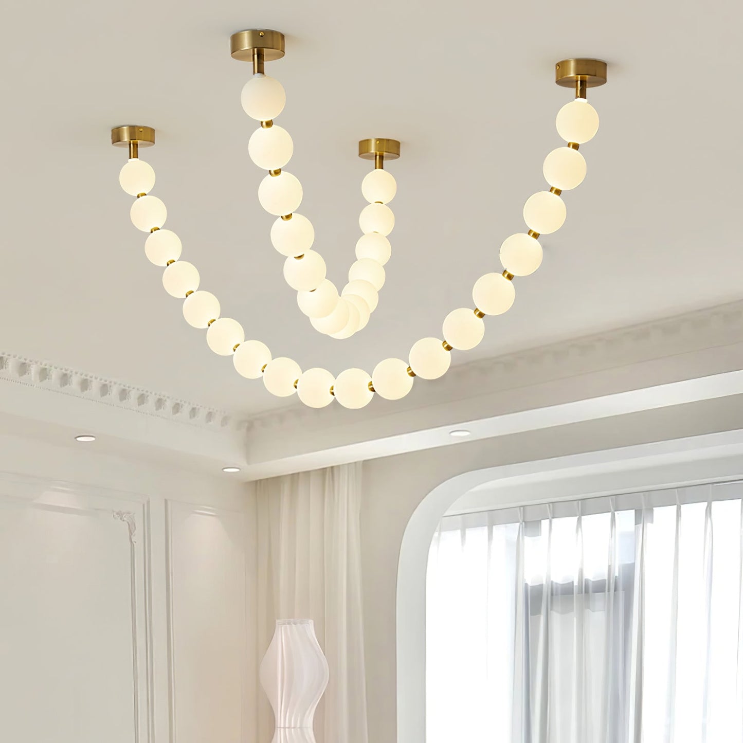 Elegant Pearl Glass Chandelier with Adjustable Height & Soft Lighting