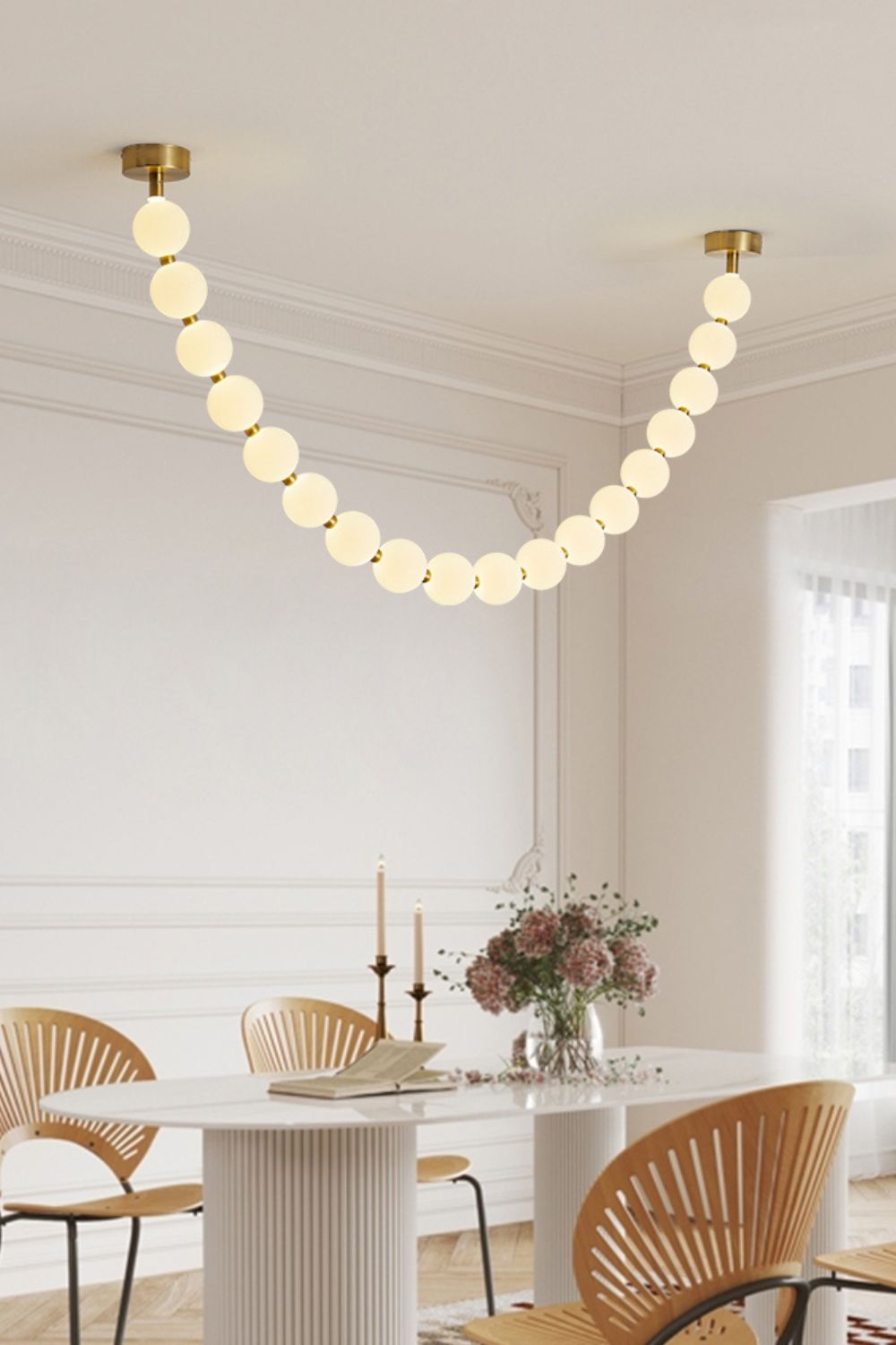 Elegant Pearl Glass Chandelier with Adjustable Height & Soft Lighting