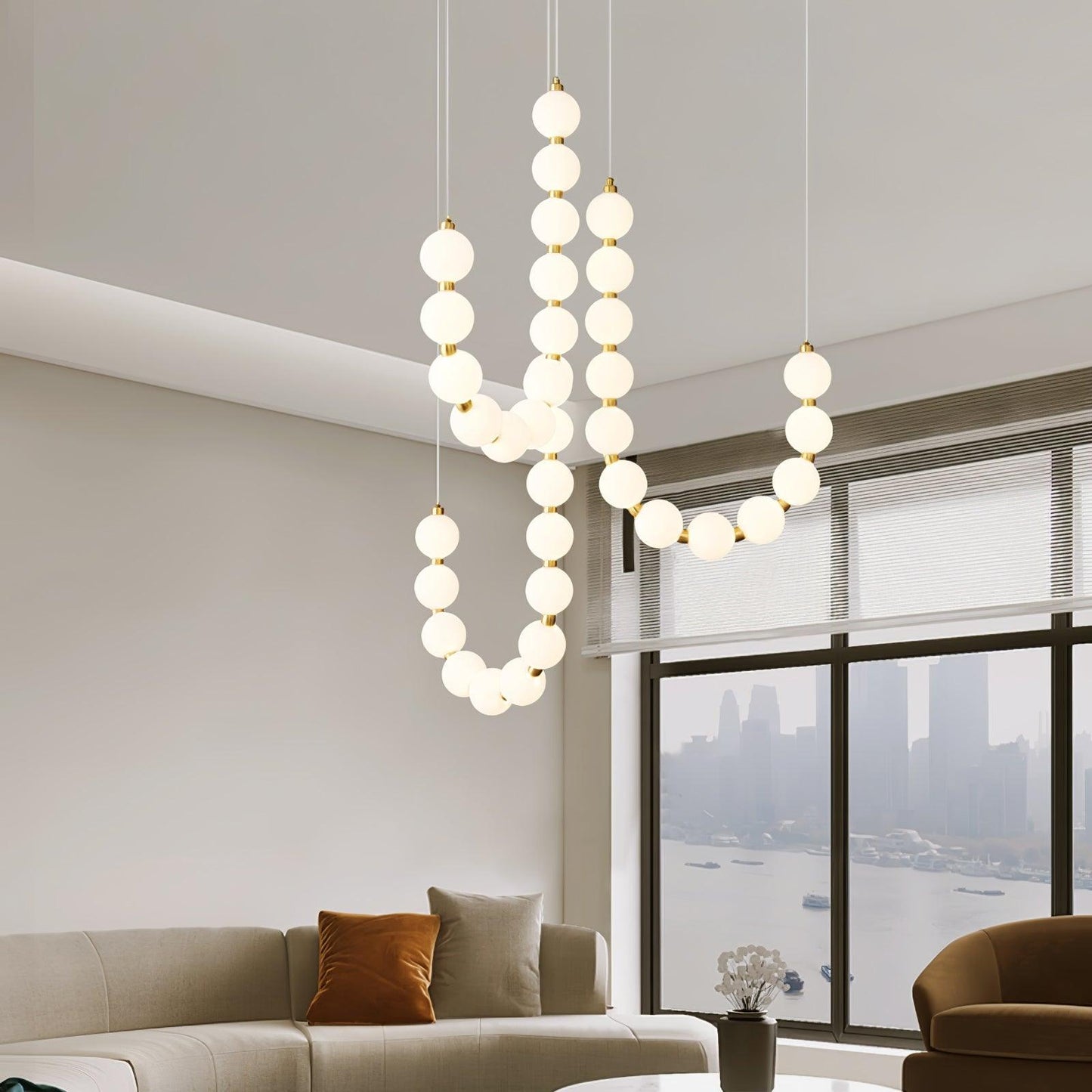 Elegant Glass Pearl Necklace Chandelier with Adjustable Height & Cryst