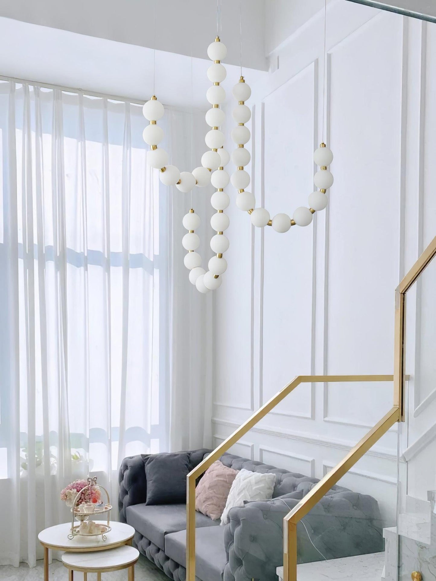 Elegant Glass Pearl Necklace Chandelier with Adjustable Height & Cryst