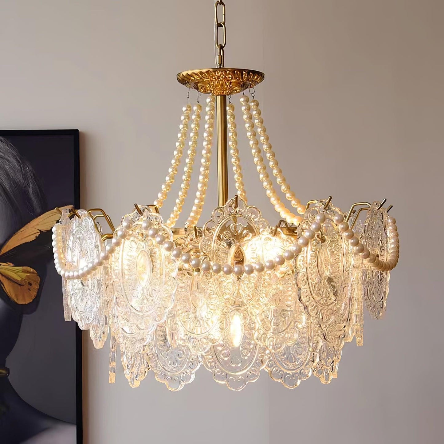 Elegant Pearls Glass Chandelier – Dimmable LED & Adjustable Height