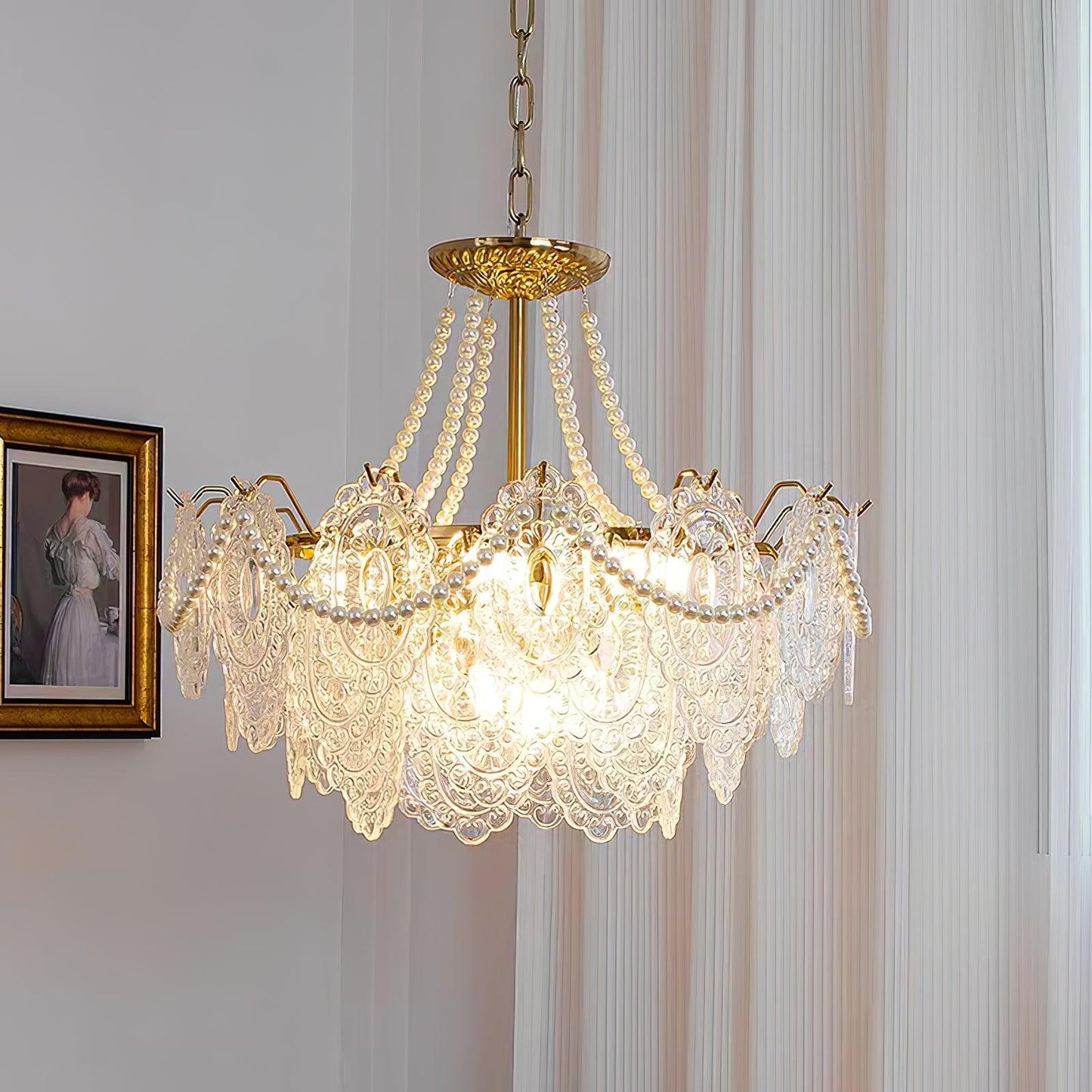 Elegant Pearls Glass Chandelier – Dimmable LED & Adjustable Height