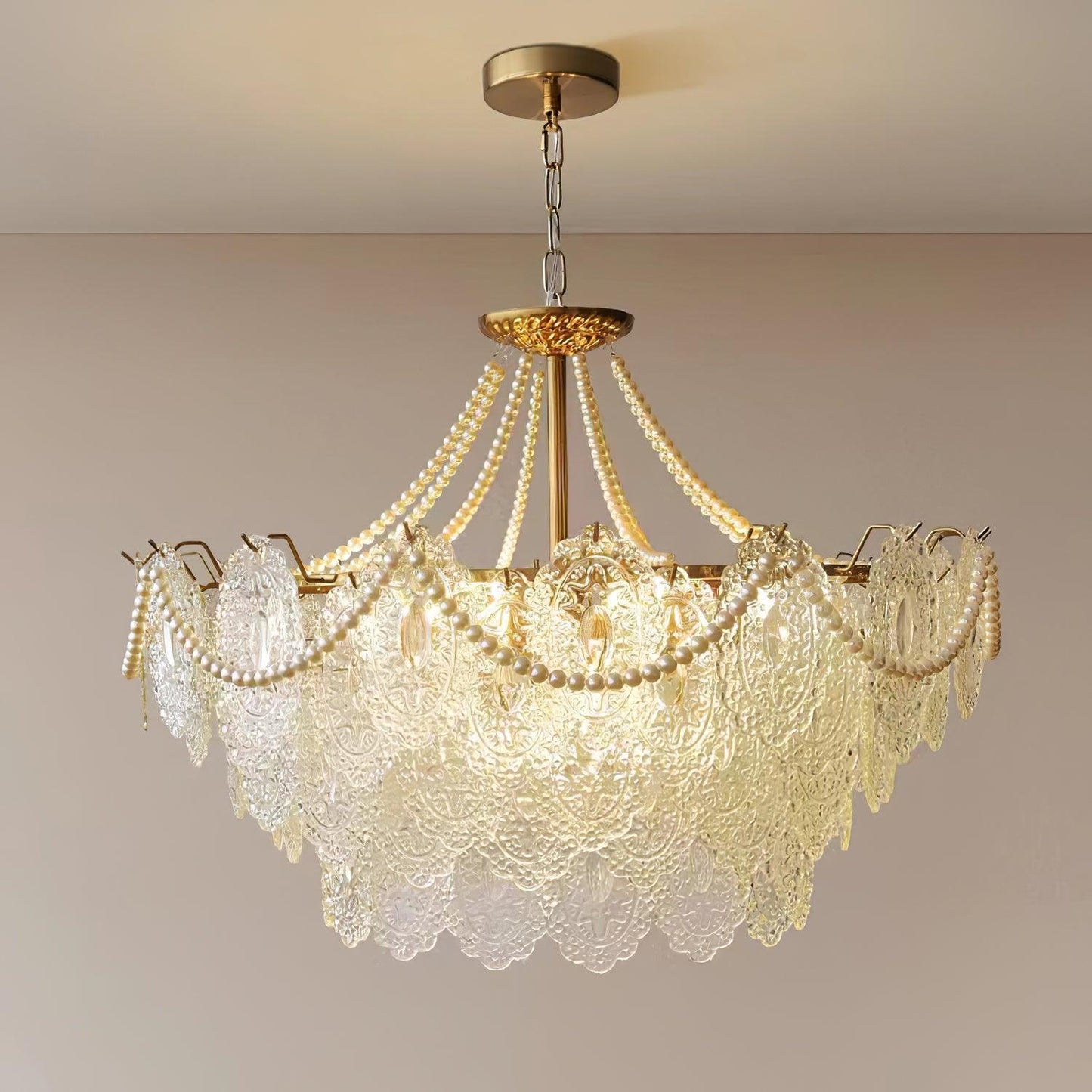 Elegant Pearls Glass Chandelier – Dimmable LED & Adjustable Height