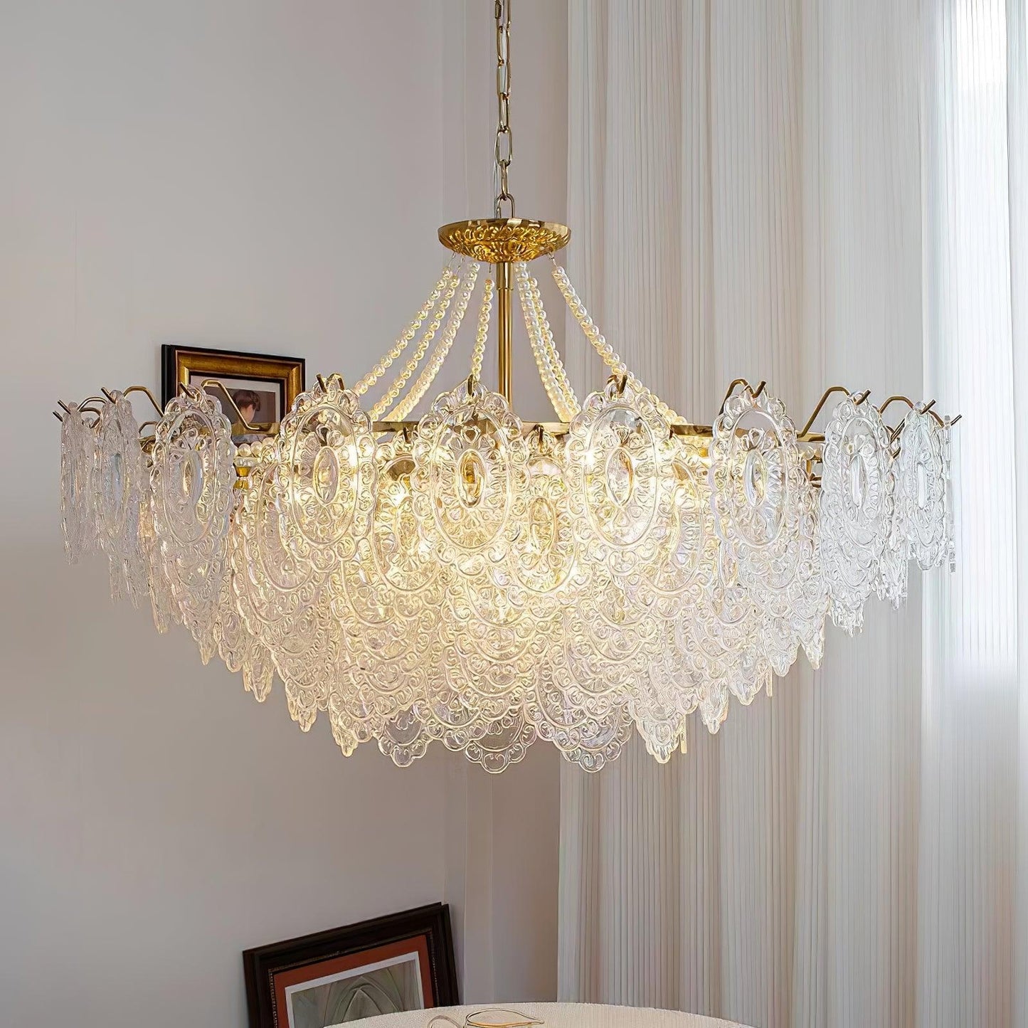 Elegant Pearls Glass Chandelier – Dimmable LED & Adjustable Height