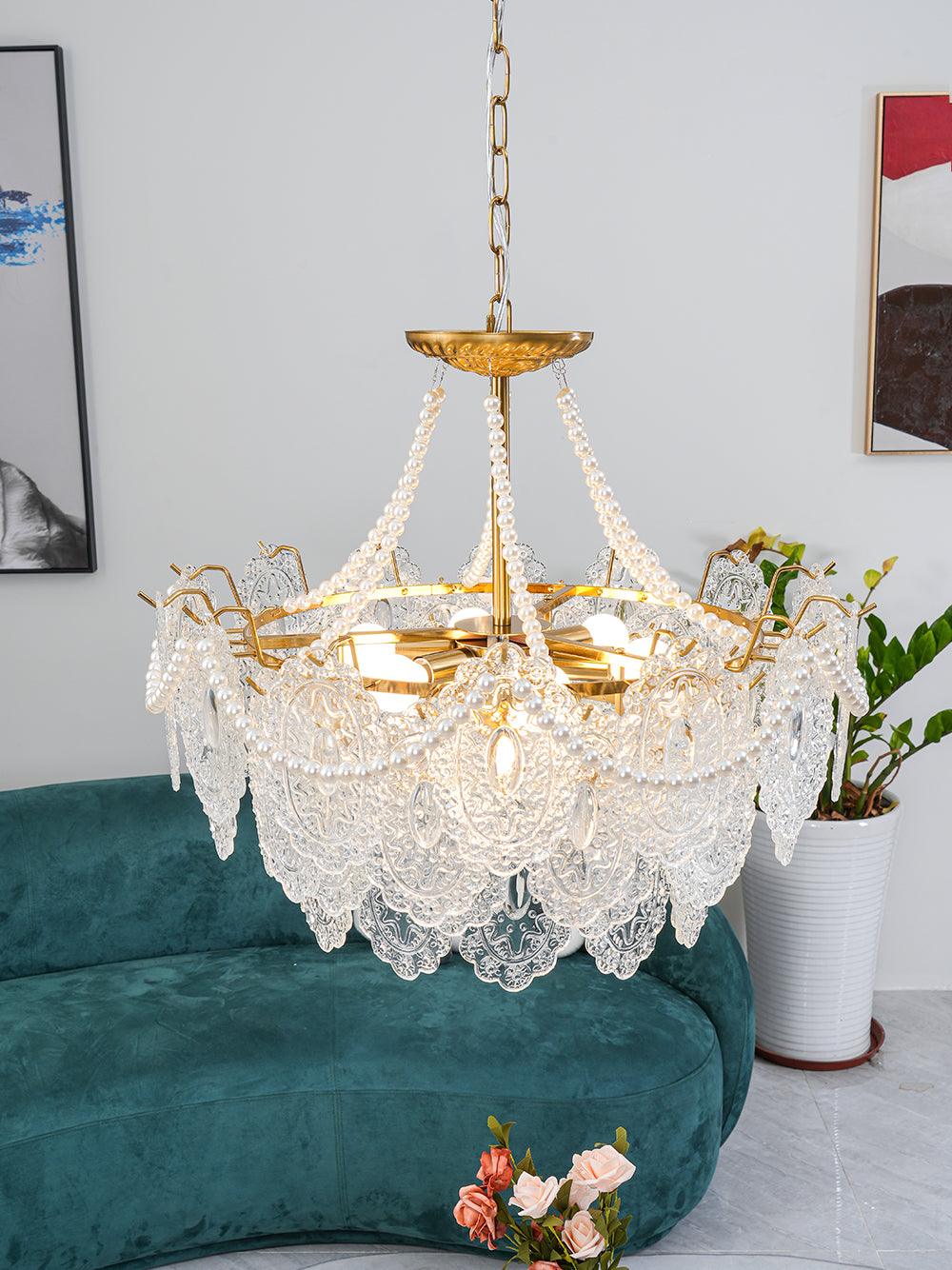 Elegant Pearls Glass Chandelier – Dimmable LED & Adjustable Height