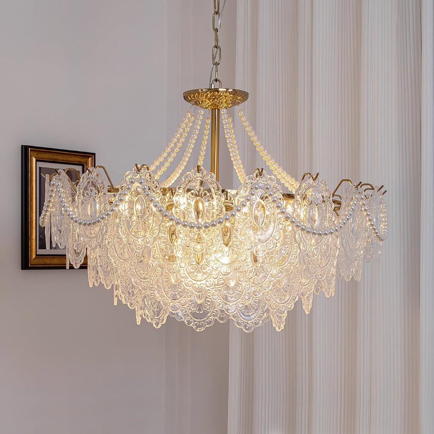 Elegant Pearls Glass Chandelier – Dimmable LED & Adjustable Height