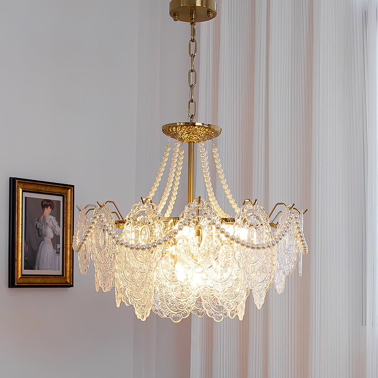 Elegant Pearls Glass Chandelier – Dimmable LED & Adjustable Height