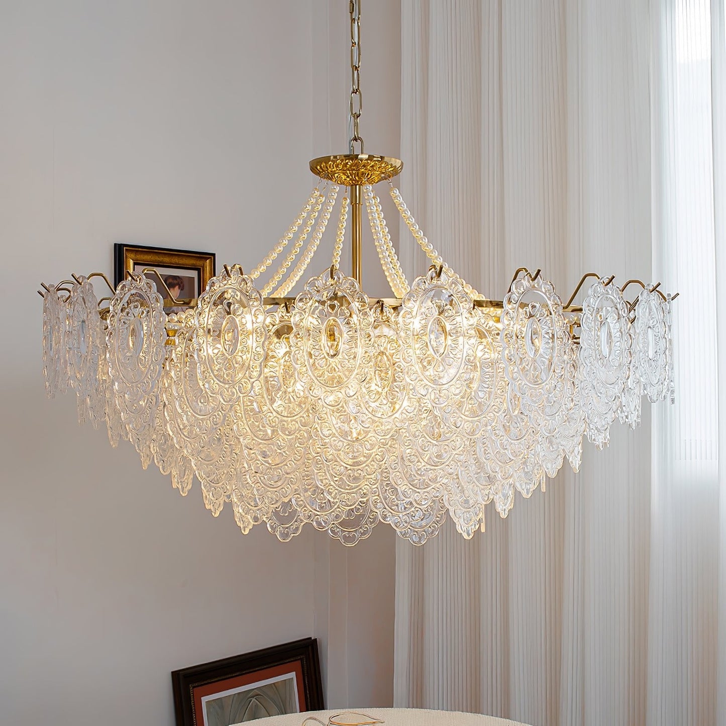 Elegant Pearls Glass Chandelier – Dimmable LED & Adjustable Height