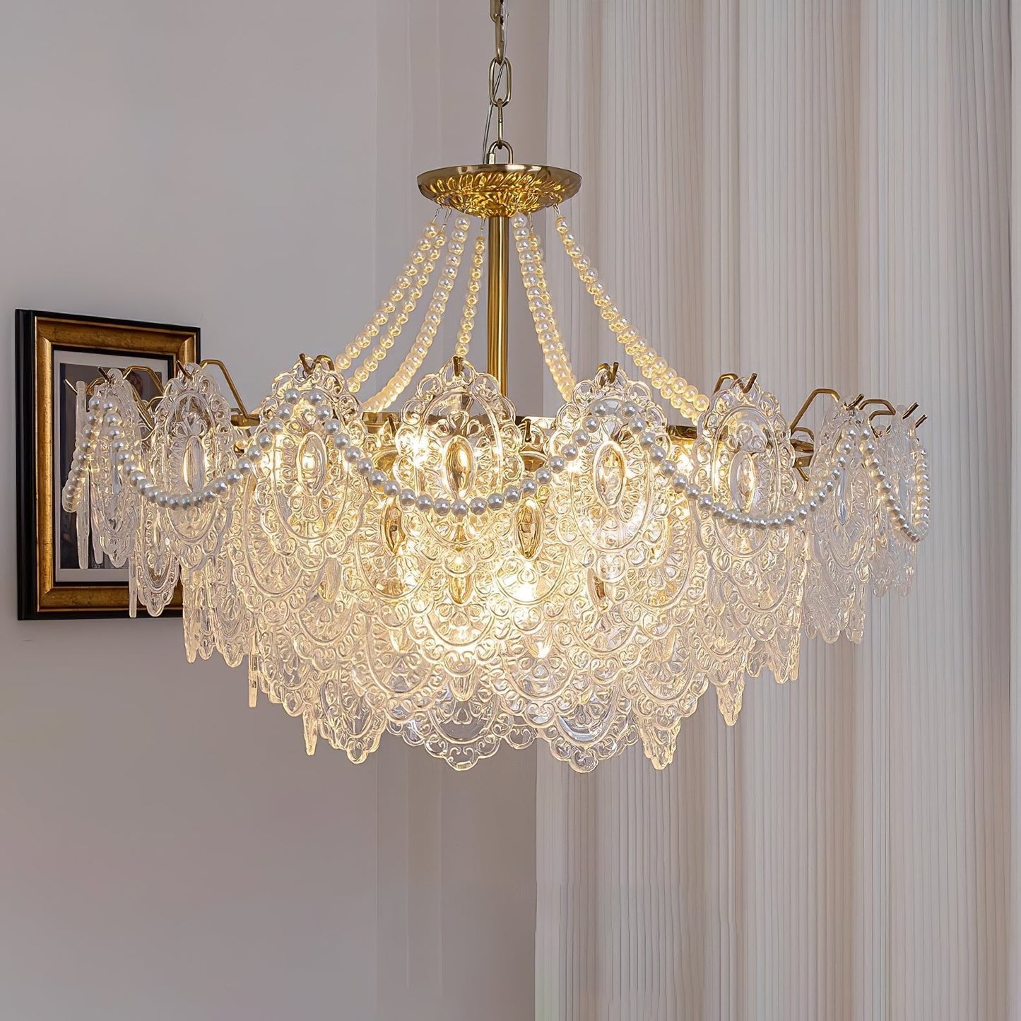 Elegant Pearls Glass Chandelier – Dimmable LED & Adjustable Height
