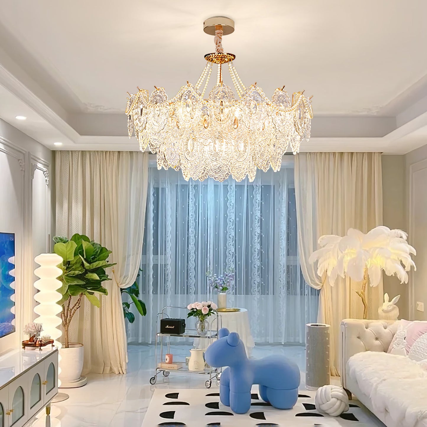 Elegant Pearls Glass Chandelier – Dimmable LED & Adjustable Height