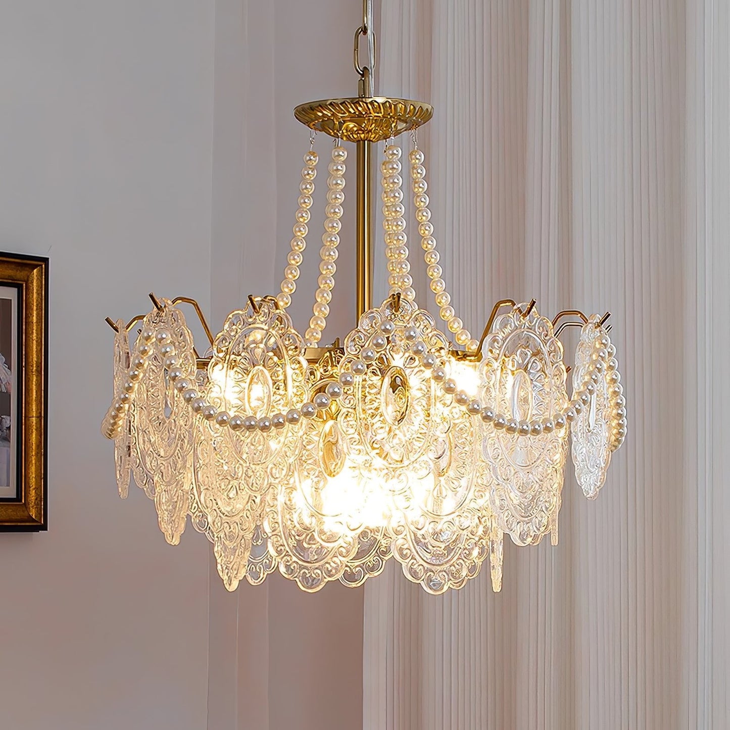 Elegant Pearls Glass Chandelier – Dimmable LED & Adjustable Height