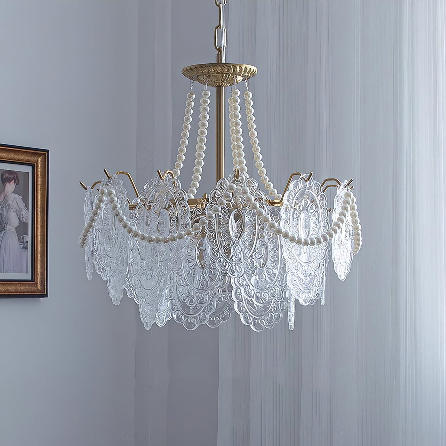 Elegant Pearls Glass Chandelier – Dimmable LED & Adjustable Height