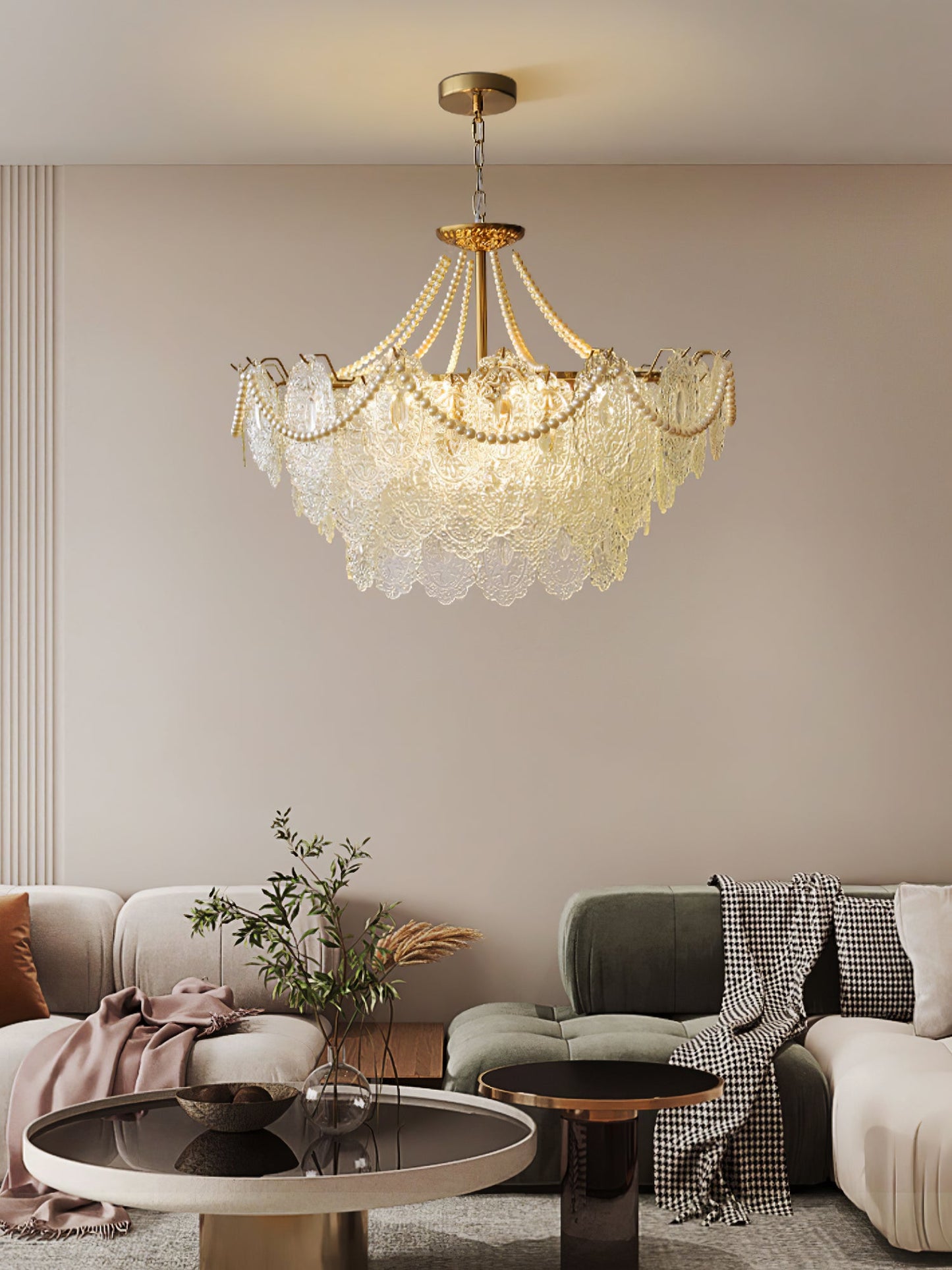 Elegant Pearls Glass Chandelier – Dimmable LED & Adjustable Height