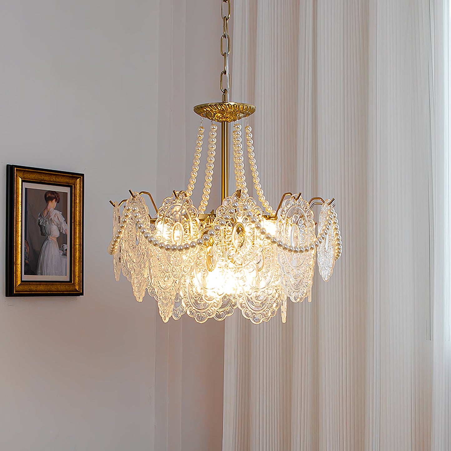 Elegant Pearls Glass Chandelier – Dimmable LED & Adjustable Height