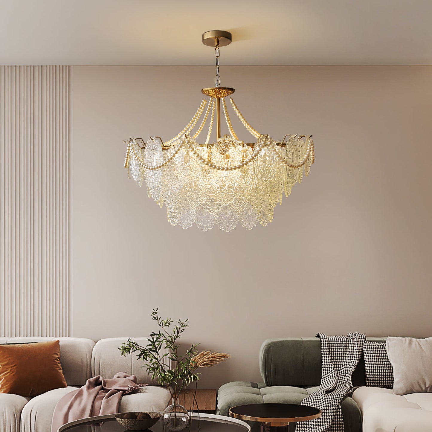 Elegant Pearls Glass Chandelier – Dimmable LED & Adjustable Height