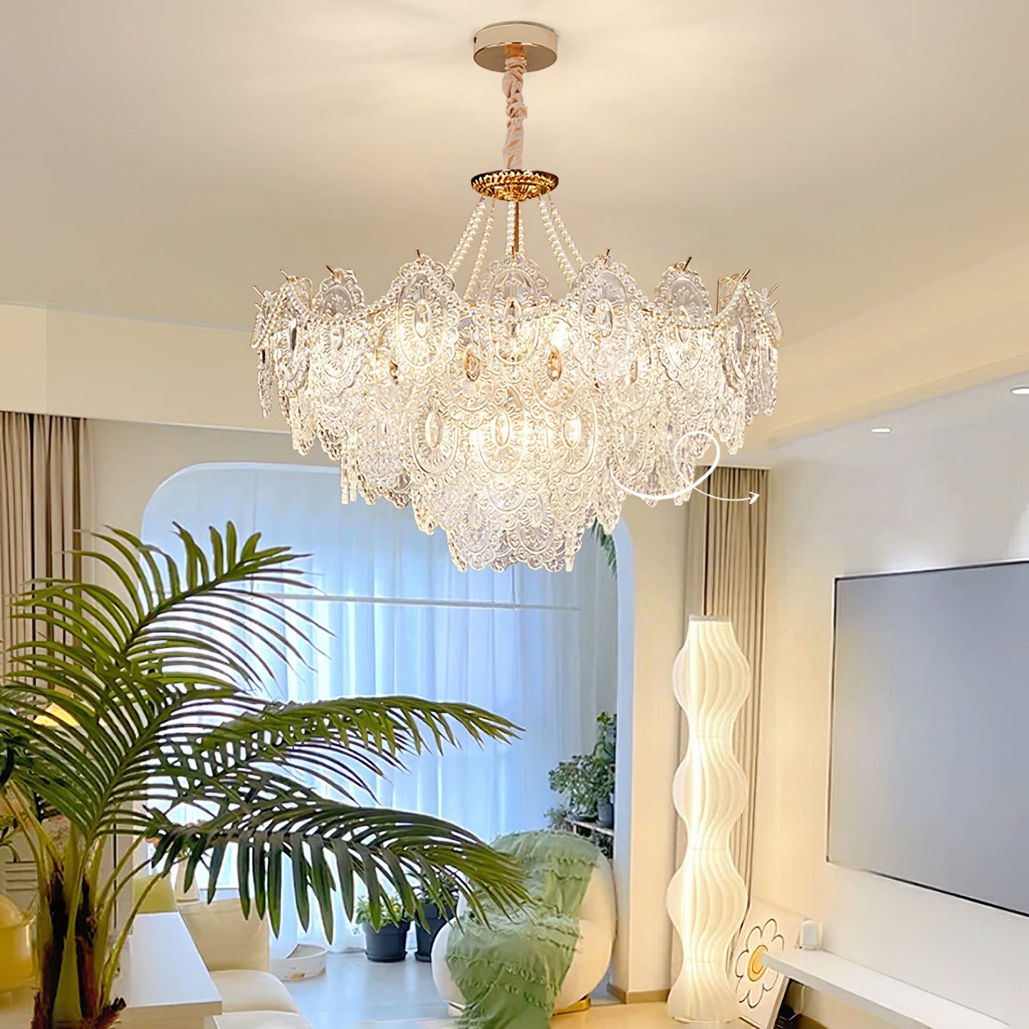 Elegant Pearls Glass Chandelier – Dimmable LED & Adjustable Height