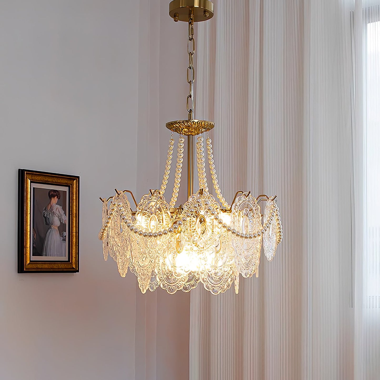 Elegant Pearls Glass Chandelier – Dimmable LED & Adjustable Height