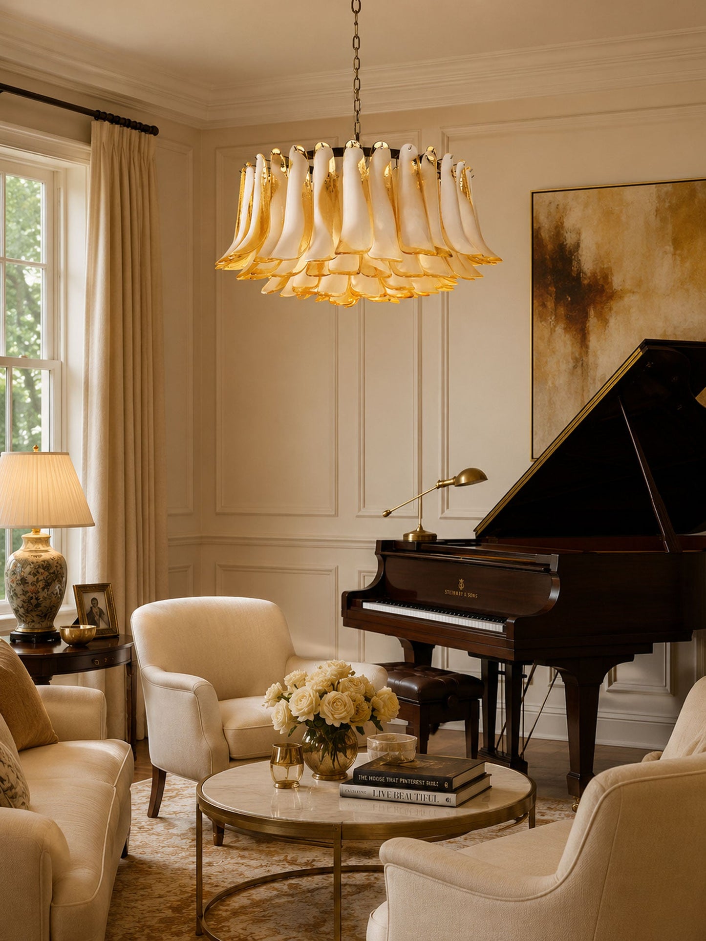 Petal Amber Glass Chandelier - Elegant Design with Adjustable Height