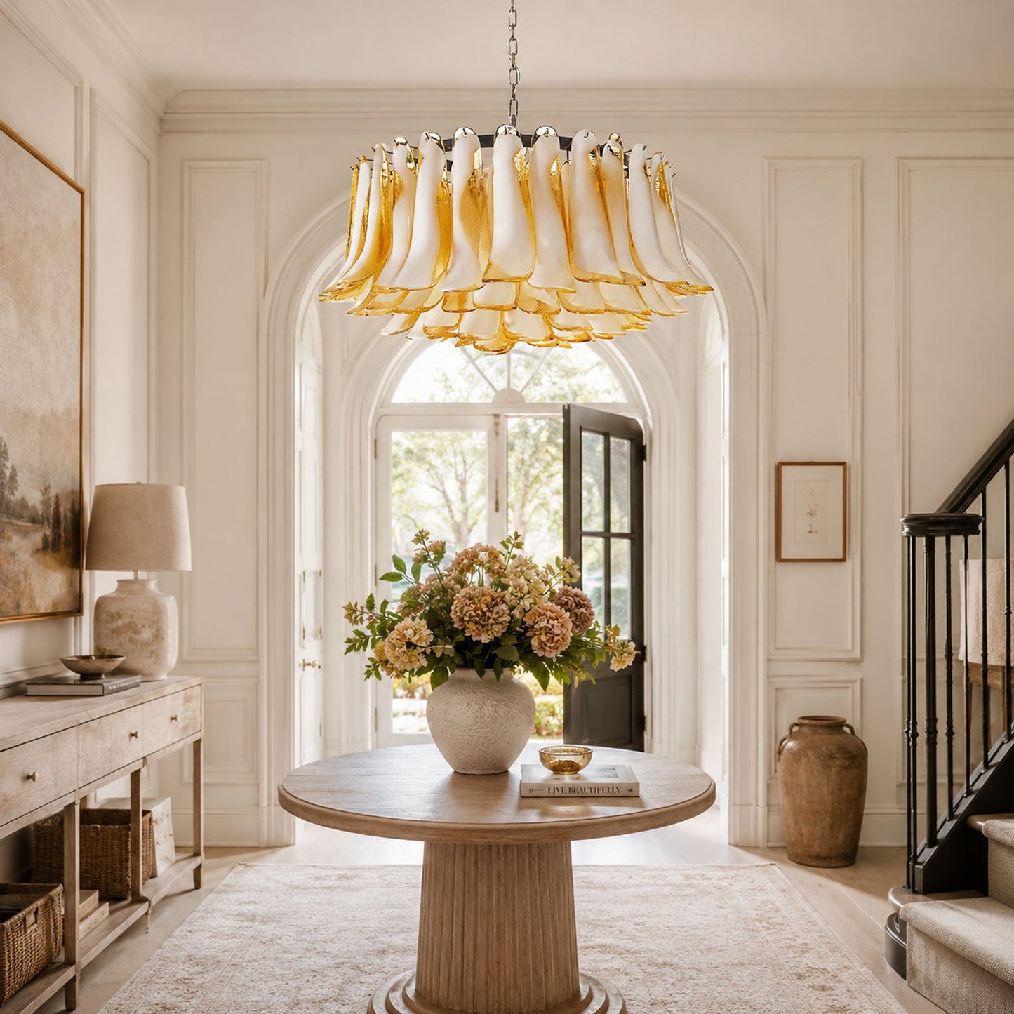 Petal Amber Glass Chandelier - Elegant Design with Adjustable Height