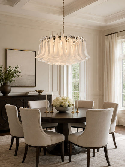 Elegant White Glass Chandelier with Floral Petals & Adjustable Height