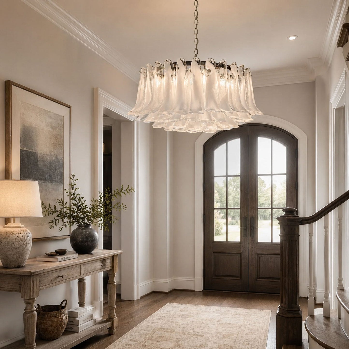 Elegant White Glass Chandelier with Floral Petals & Adjustable Height