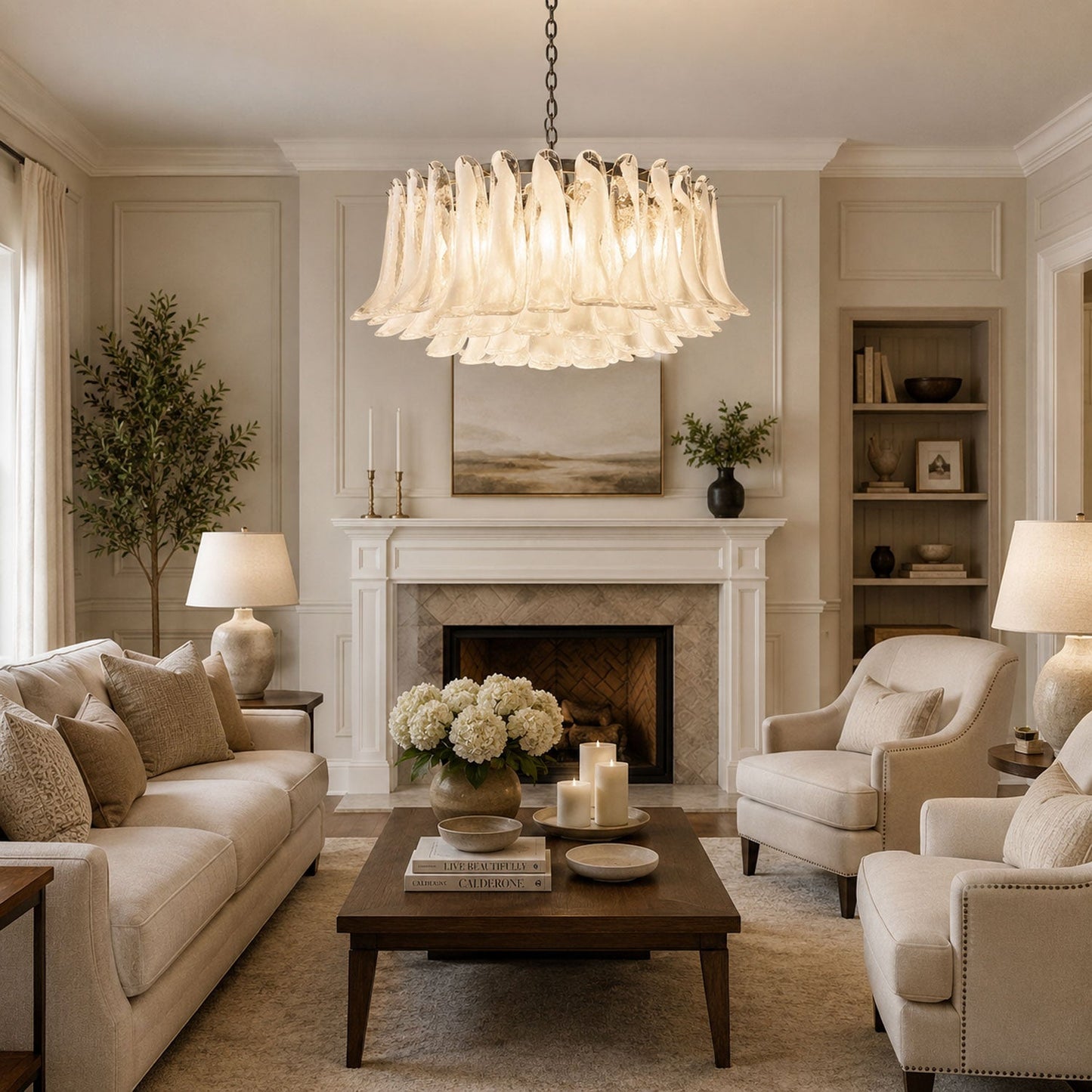 Elegant White Glass Chandelier with Floral Petals & Adjustable Height