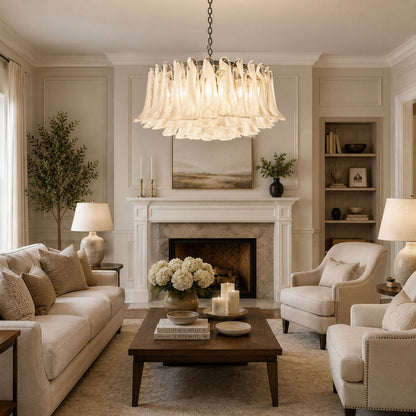 Elegant White Glass Chandelier with Floral Petals & Adjustable Height