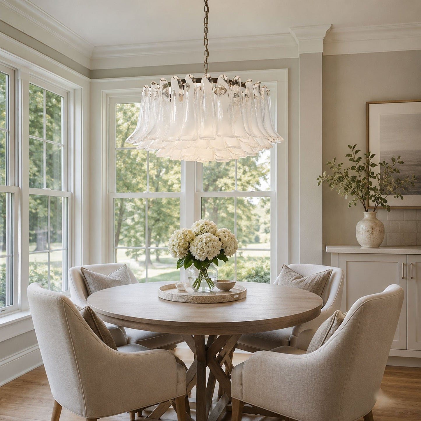 Elegant White Glass Chandelier with Floral Petals & Adjustable Height