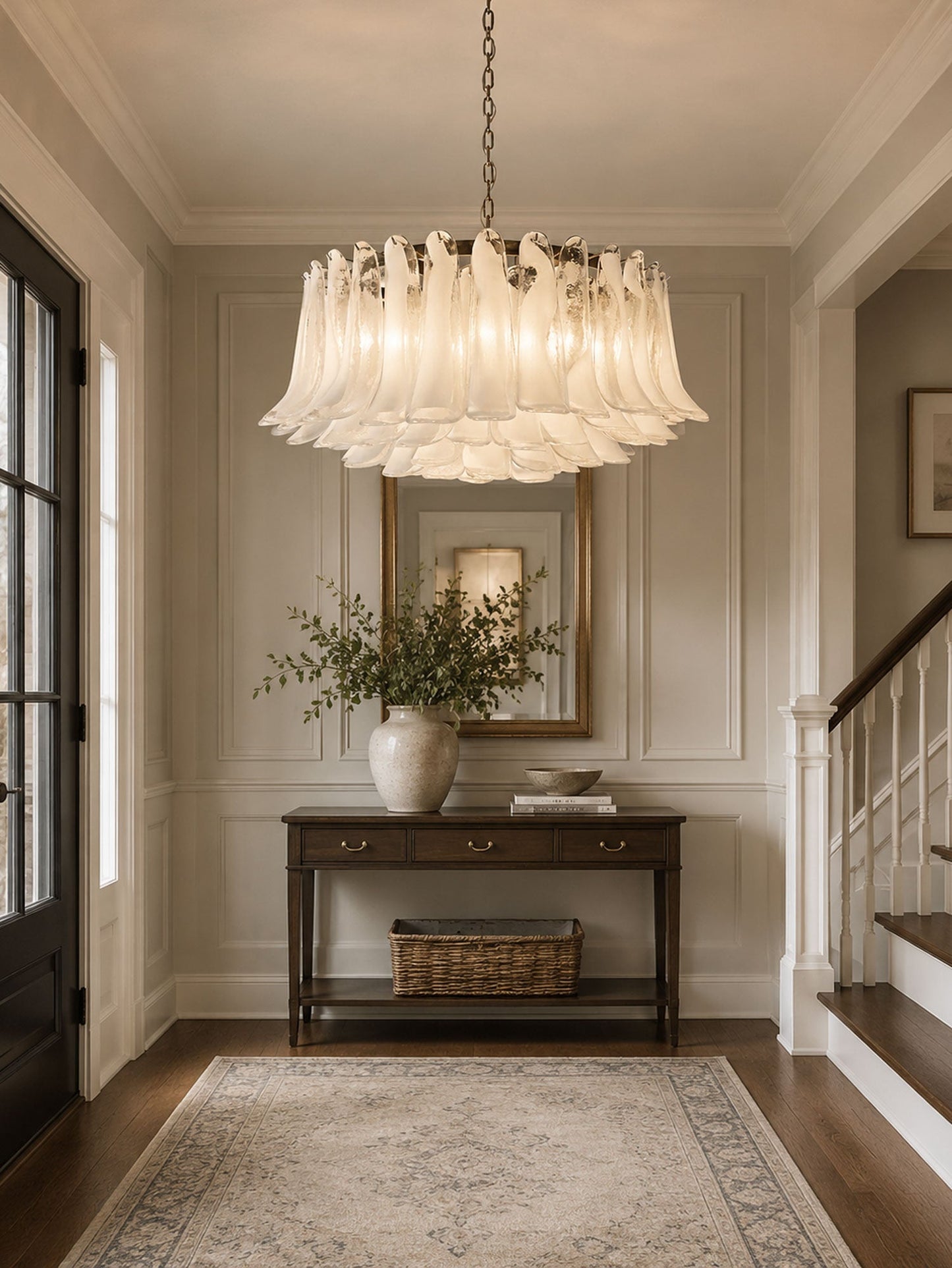 Elegant White Glass Chandelier with Floral Petals & Adjustable Height