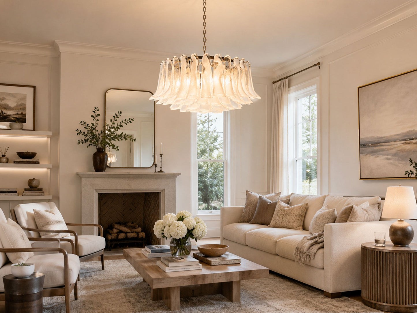 Elegant White Glass Chandelier with Floral Petals & Adjustable Height