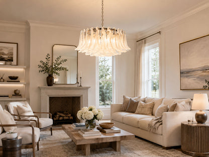Elegant White Glass Chandelier with Floral Petals & Adjustable Height