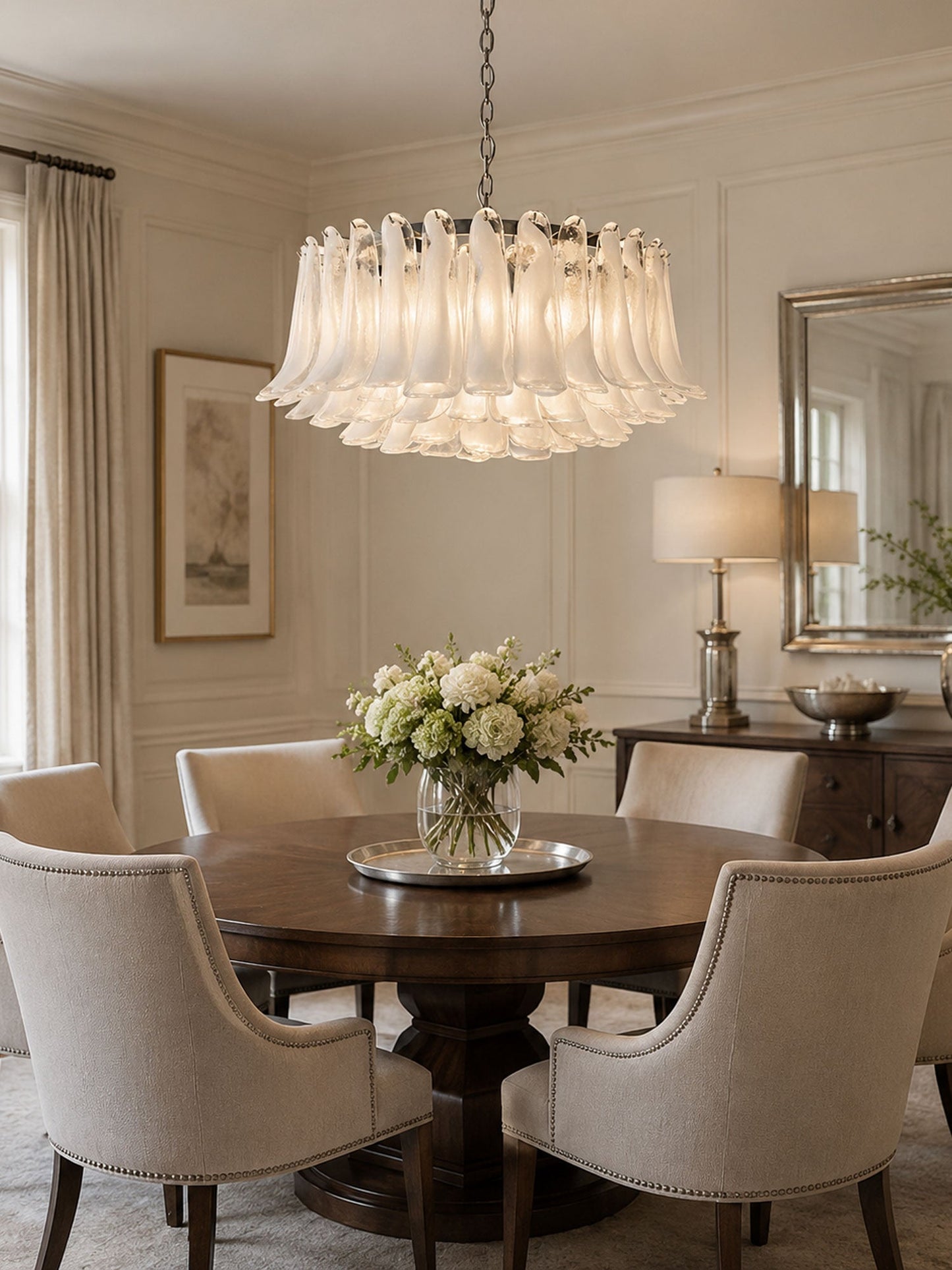 Elegant White Glass Chandelier with Floral Petals & Adjustable Height