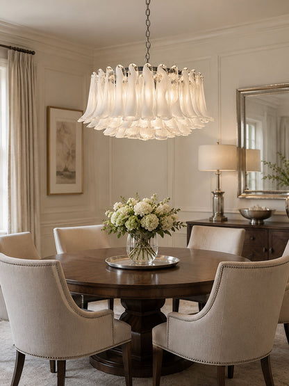 Elegant White Glass Chandelier with Floral Petals & Adjustable Height