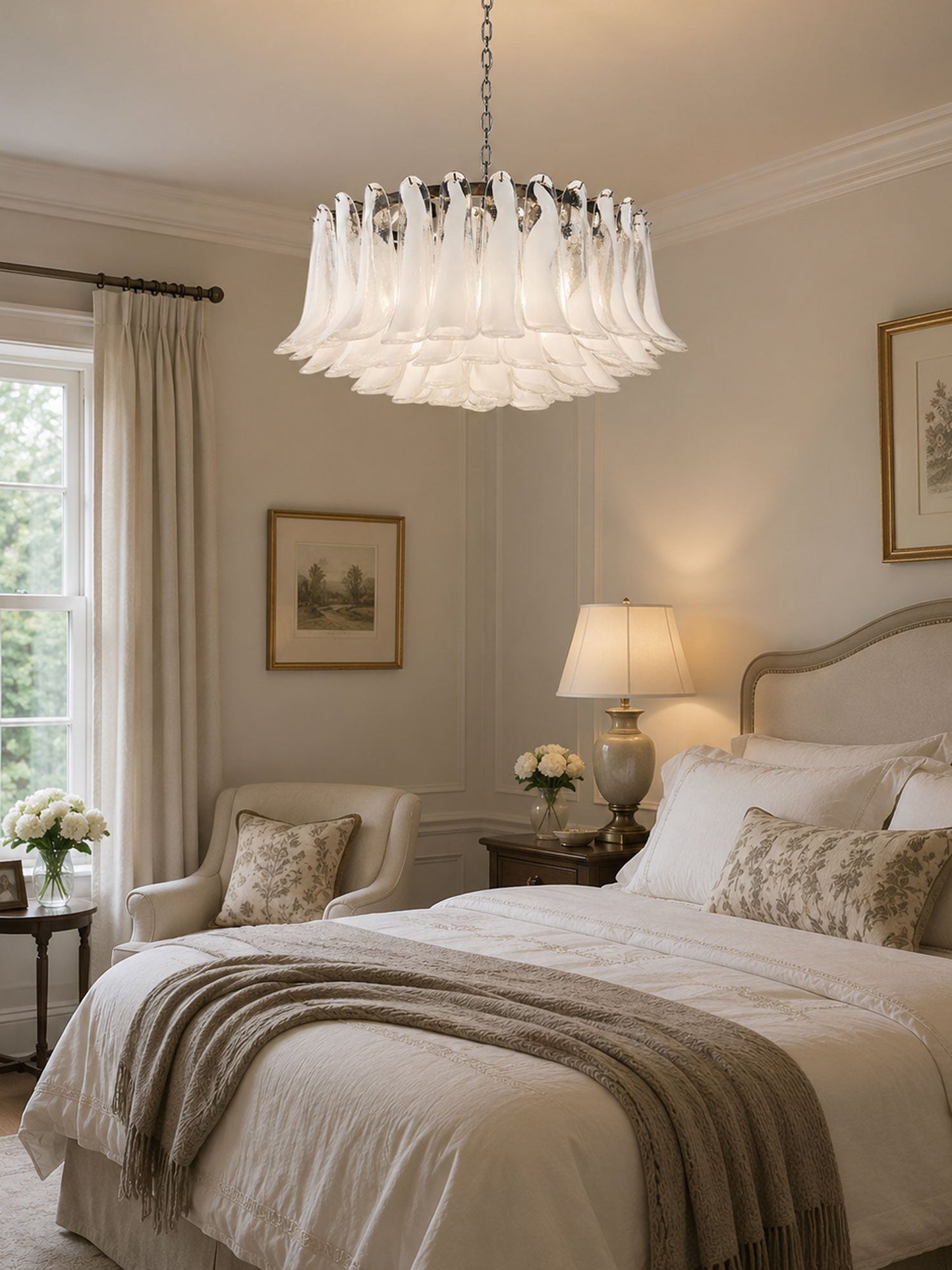 Elegant White Glass Chandelier with Floral Petals & Adjustable Height