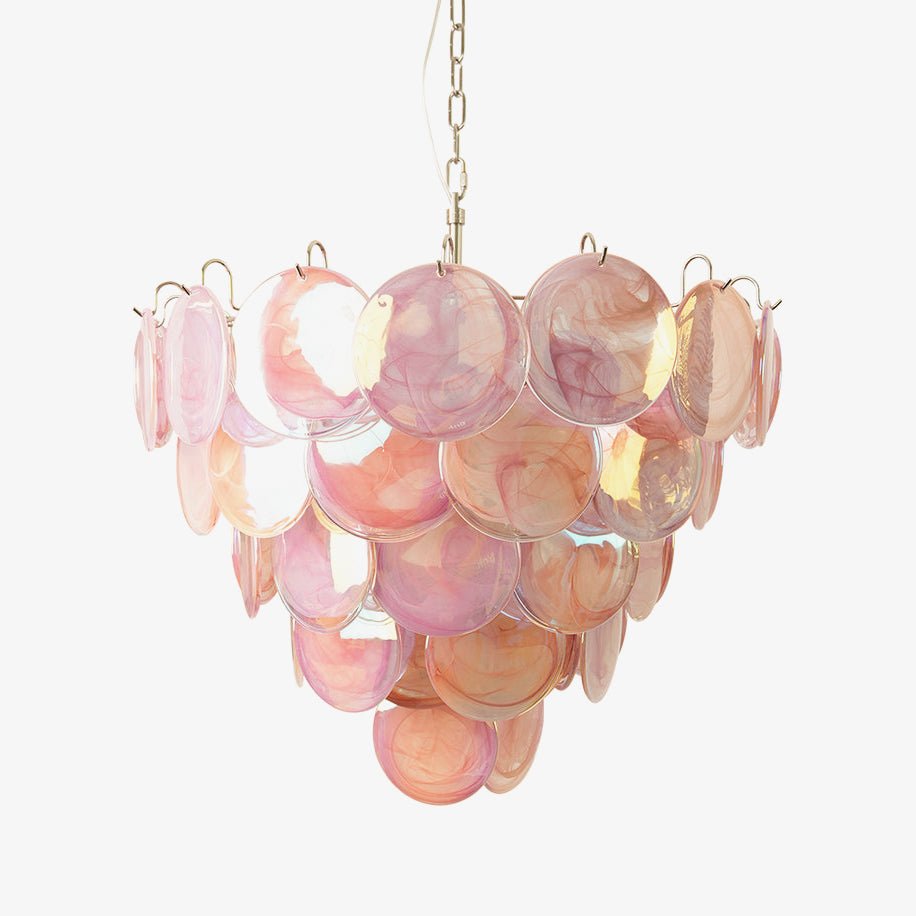Elegant Pink Glass Disc Chandelier with Adjustable Height & Soft Light