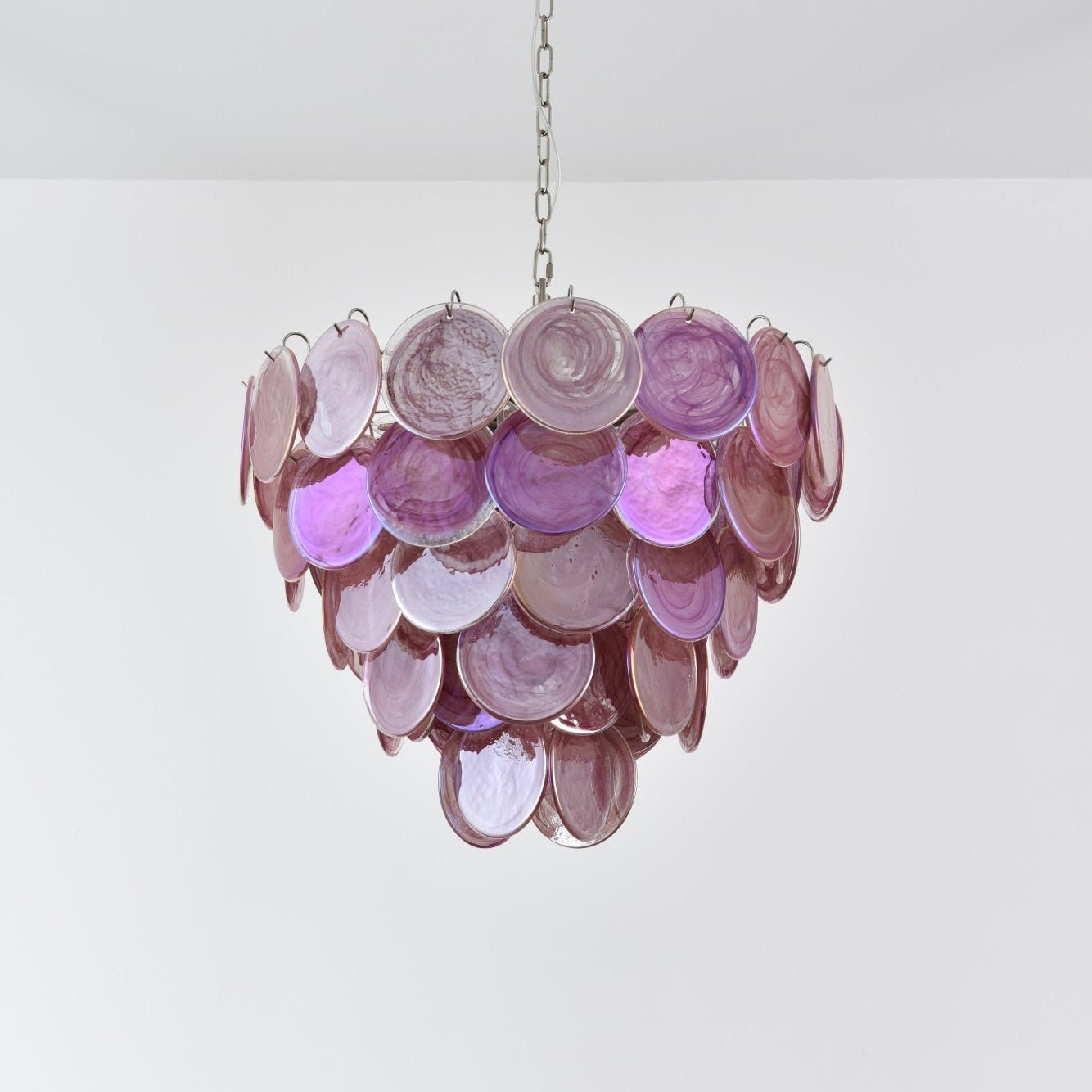 Elegant Pink Glass Disc Chandelier with Adjustable Height & Soft Light