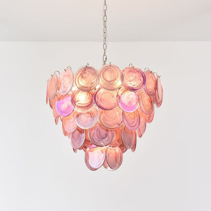 Elegant Pink Glass Disc Chandelier with Adjustable Height & Soft Light