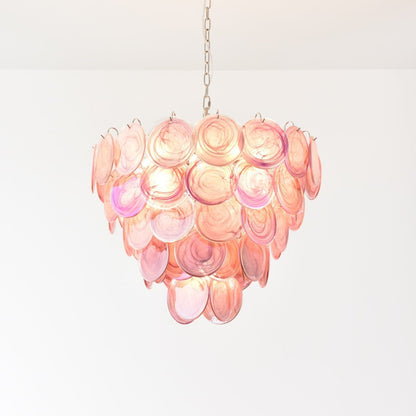 Elegant Pink Glass Disc Chandelier with Adjustable Height & Soft Light