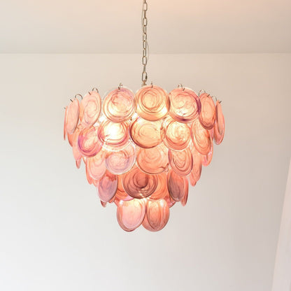 Elegant Pink Glass Disc Chandelier with Adjustable Height & Soft Light