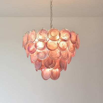 Elegant Pink Glass Disc Chandelier with Adjustable Height & Soft Light