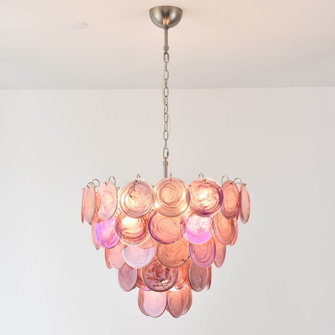 Elegant Pink Glass Disc Chandelier with Adjustable Height & Soft Light