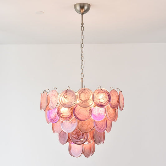 Elegant Pink Glass Disc Chandelier with Adjustable Height & Soft Light
